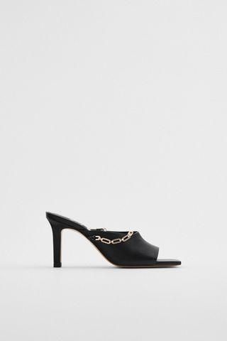 Zara + Heeled Leather Mules With Chain