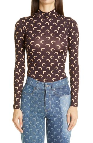 Marine Serre + Fitted Moon Print Mock Neck Top