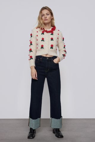 Zara + Knit Cardigan With Floral Details