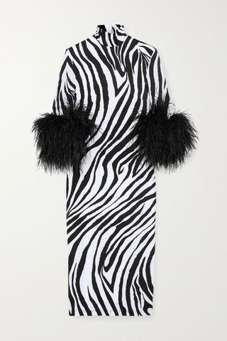Halpern + Feather-Trimmed Zebra-Print Stretch-Satin Dress
