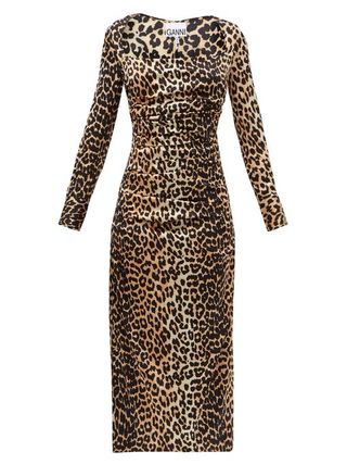 Ganni + Gathered Leopard-Print Silk-Blend Satin Dress