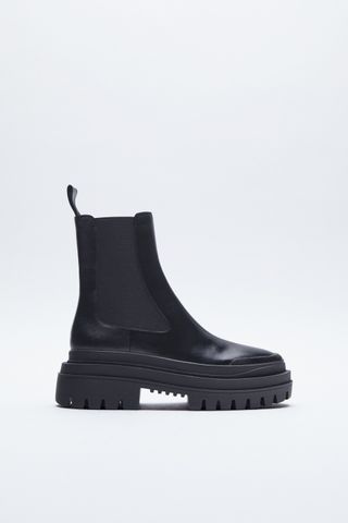 Zara + Low Heeled Lug Sole Leather Ankle Boots