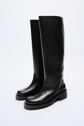Zara + Flat Leather Knee High Boots