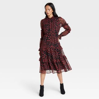 Who What Wear x Target + Floral Print Ruffle Long Sleeve Dress