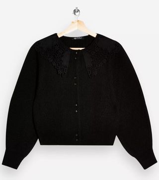 Topshop + Black Crochet Collar Knitted Cardigan