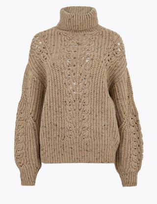 Marks & Spencer + Cable Knit Roll Neck Jumper With Wool