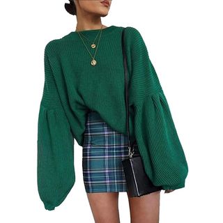 PrettyGarden + Loose Drop Shoulder Long Lantern Sleeve Round Neck Fashion Pullover Knit Sweater Tops