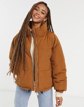 Pull&Bear + Padded Puffer Jacket in Brown