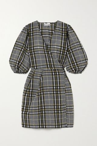 Ganni + Checked Cotton-Blend Seersucker Mini Wrap Dress