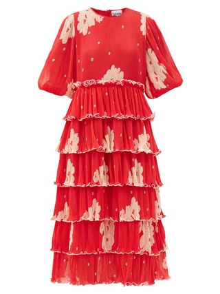 Ganni + Tiered Floral-Print Pleated-Georgette Midi Dress