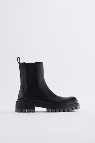 Zara + Flat Leather Ankle Boots With Track Sole