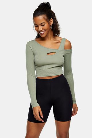 Topshop + Khaki Long Sleeve Cut Out Top