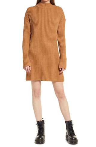 BP + Mock Neck Long Sleeve Cotton Blend Rib Sweater Dress