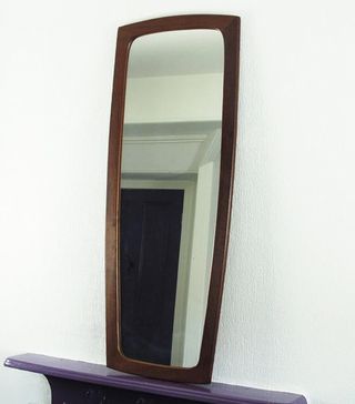 Vintage + Tall Mid Century Modern Mirror. Teak Framed Danish Style