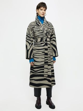 Jigsaw + Zebra Print Wrap Coat in Black