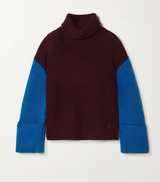Victoria Beckham + Colour-Block Ribbed Merino Wool Turtleneck Sweater
