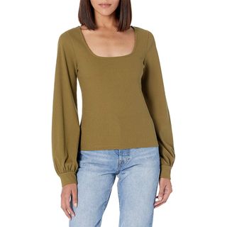 The Drop + @lucyswhims Square-Neck Balloon-Sleeve Cropped Top in Military Olive
