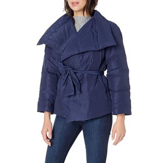Lark & Ro + Long Sleeve Short Puffer Coat With Wrap in Navy