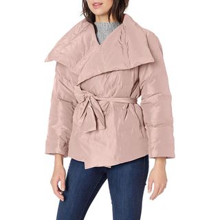 Lark & Ro + Long Sleeve Short Puffer Coat With Wrap in Pink