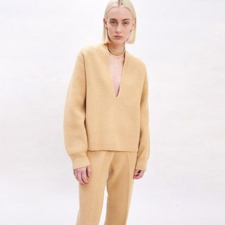 The Frankie Shop + Ribbed Deep Split Neck Sweater in Butter