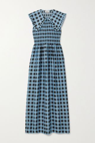 Ganni + Smocked Checked Cotton and Silk-Blend Maxi Dress