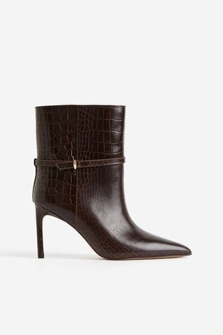 H&M + Ankle-High Leather Boots in Dark Brown/Crocodile-Patterned