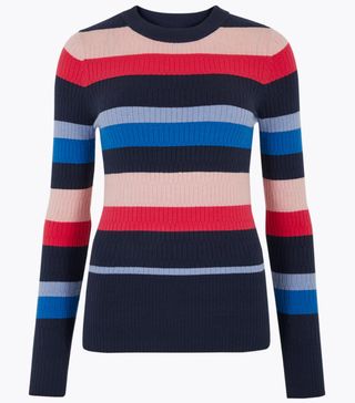M&S Collection + Soft Touch Striped Textured Fitted Jumper