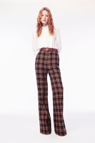 Victoria Beckham + High Waisted Flare Leg Trouser in Navy and Camel Check -