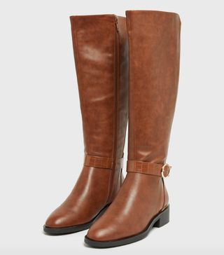 New Look + Tan Leather-Look Faux Croc Strap Knee High Boots