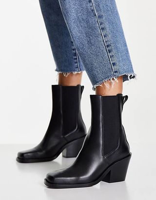 & Other Stories + Leather Square Toe Western Boots in Black