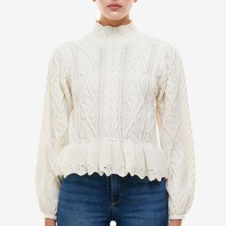 Q & A + Peplum-Hem Cable-Knit Sweater