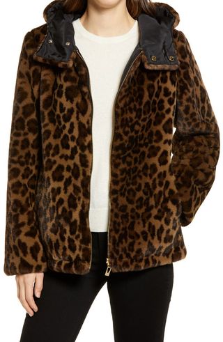Via Spiga + Leopard Print Hooded Reversible Faux Fur Jacket