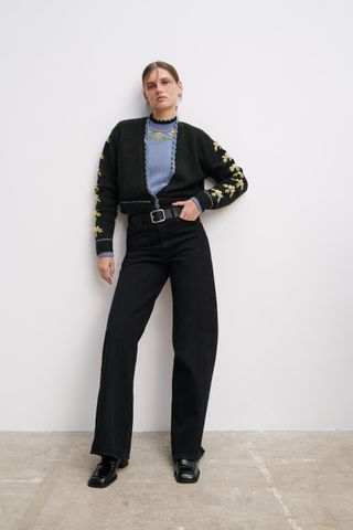 Zara + Embroidered Knit Cardigan