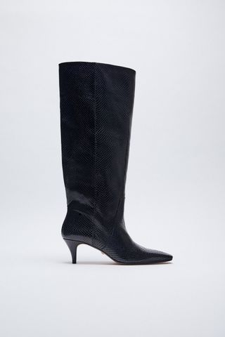 Zara + Animal Embossed Kitten Heel Leather Boots
