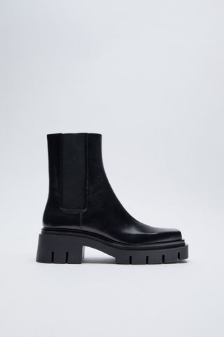 Zara + Low Heel Treaded Leather Square Toe Ankle Boots