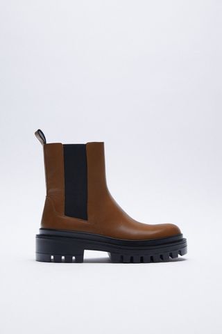 Zara + Low Heeled Lug Sole Leather Ankle Boots