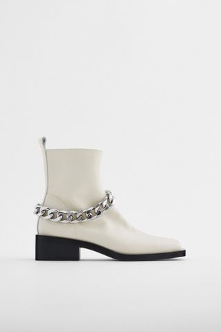 Zara + Chain Trim Low Heel Leather Ankle Boots