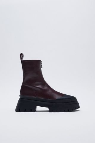 Zara + Treaded Low Heel Leather Ankle Boots With Zipper