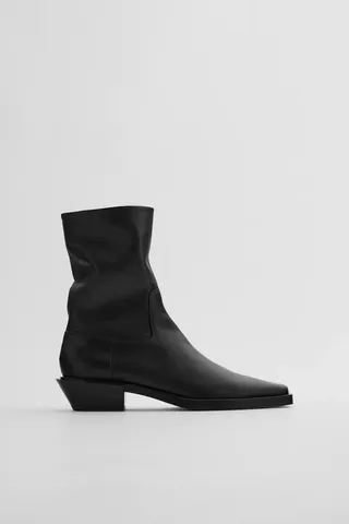 Zara + Leather Heeled Cowboy Ankle Boots