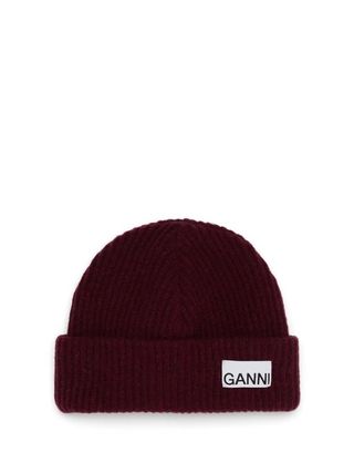 Ganni + Logo-Patch Ribbed Wool-Blend Beanie