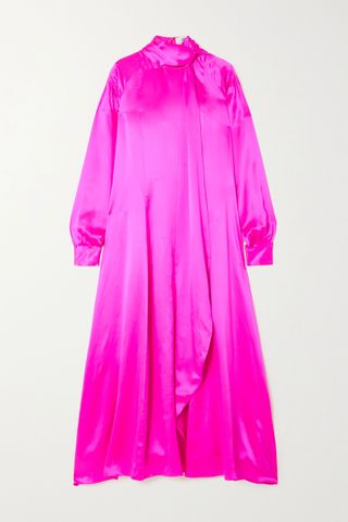 Christopher John Rogers + Tie-Detailed Pintucked Neon Silk-Charmeuse Dress