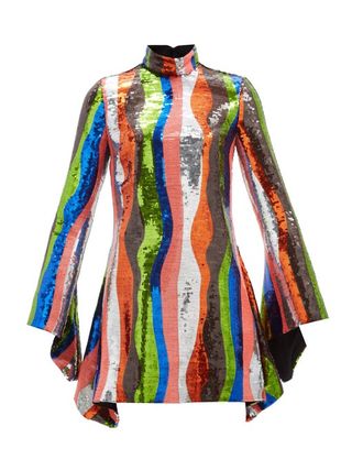 Halpern + Wave-Stripe Flared-Sleeve Sequinned Mini Dress