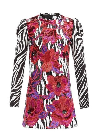 Halpern + Floral-Sequinned Zebra-Print Satin Mini Dress