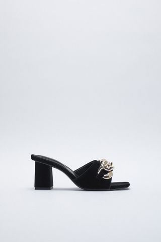 Zara + Heeled Velvet Sandals With Chain