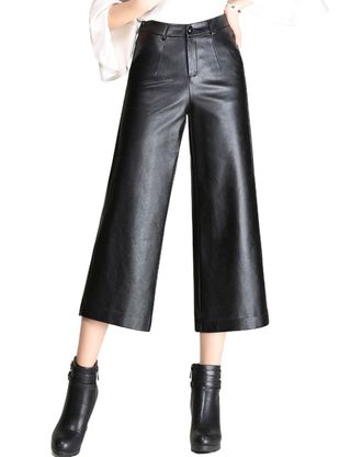 Tanming Store + High Waist Faux Leather Cropped Wide Leg Pants
