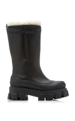Prada + Lug Sole Shearling-Trimmed Leather Boots
