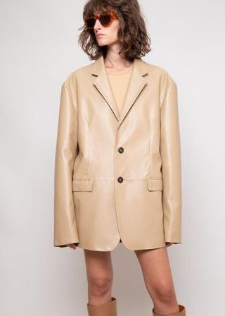 The Frankie Shop + Oversized Faux Leather Blazer in Butter