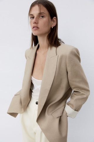 Zara + Linen Blazer With Printed Cuffs