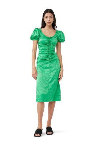 Ganni + Green Crinkled Satin Midi Dress