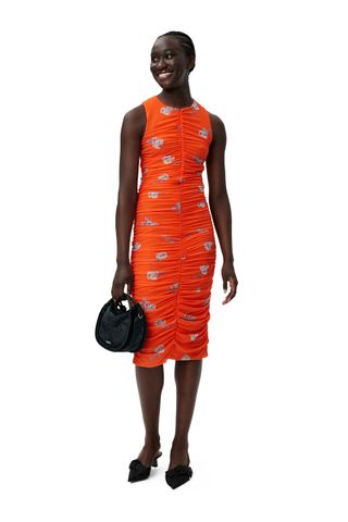 Ganni + Orange Printed Ruched Mesh Midi Dress